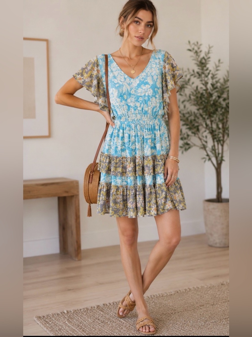 Anthropologie Daily Practice Tiered Ruffle Mini Dress Medium/Petite Cottagecore
